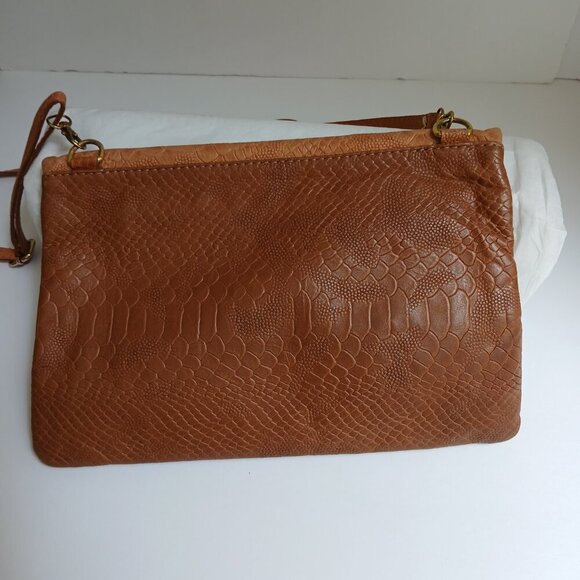 Italian Leather Caramel Reptile Crossbody Bag Zip Front with Fringe Zipper Pulls - Picture 8 of 9